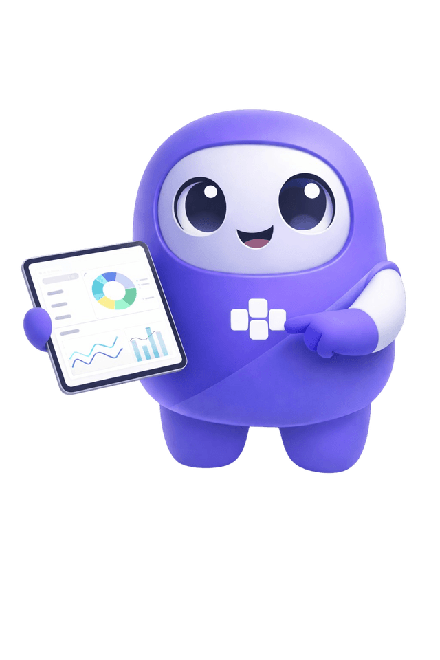 Loomenio mascot holding a stock report