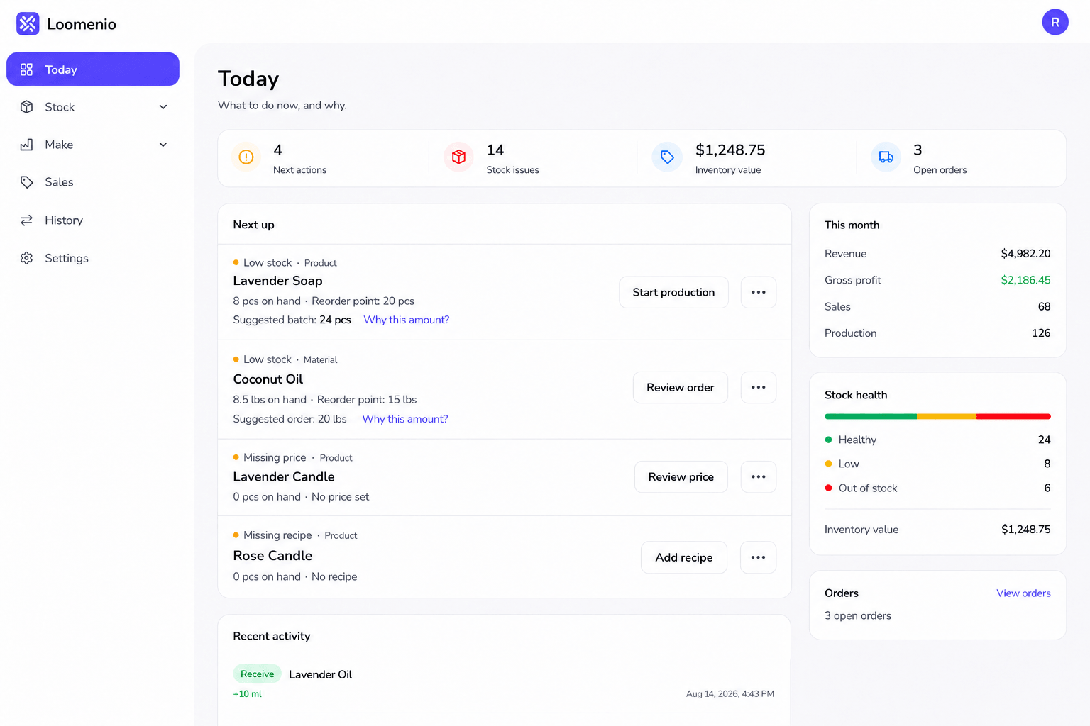 Loomenio's Today screen with demo data, showing prioritized next actions across make, buy, and fix categories
